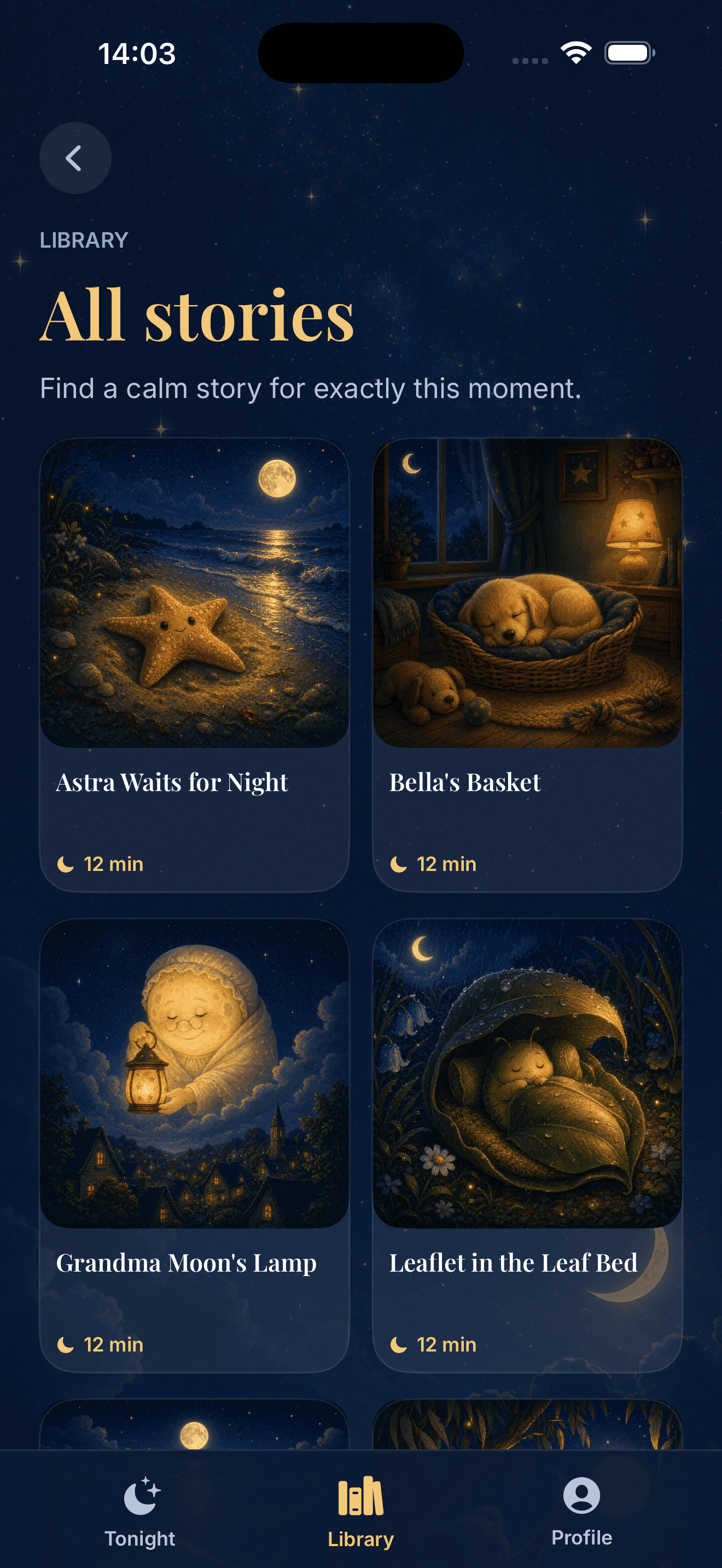 Lullary All stories screen showing a grid of story covers.