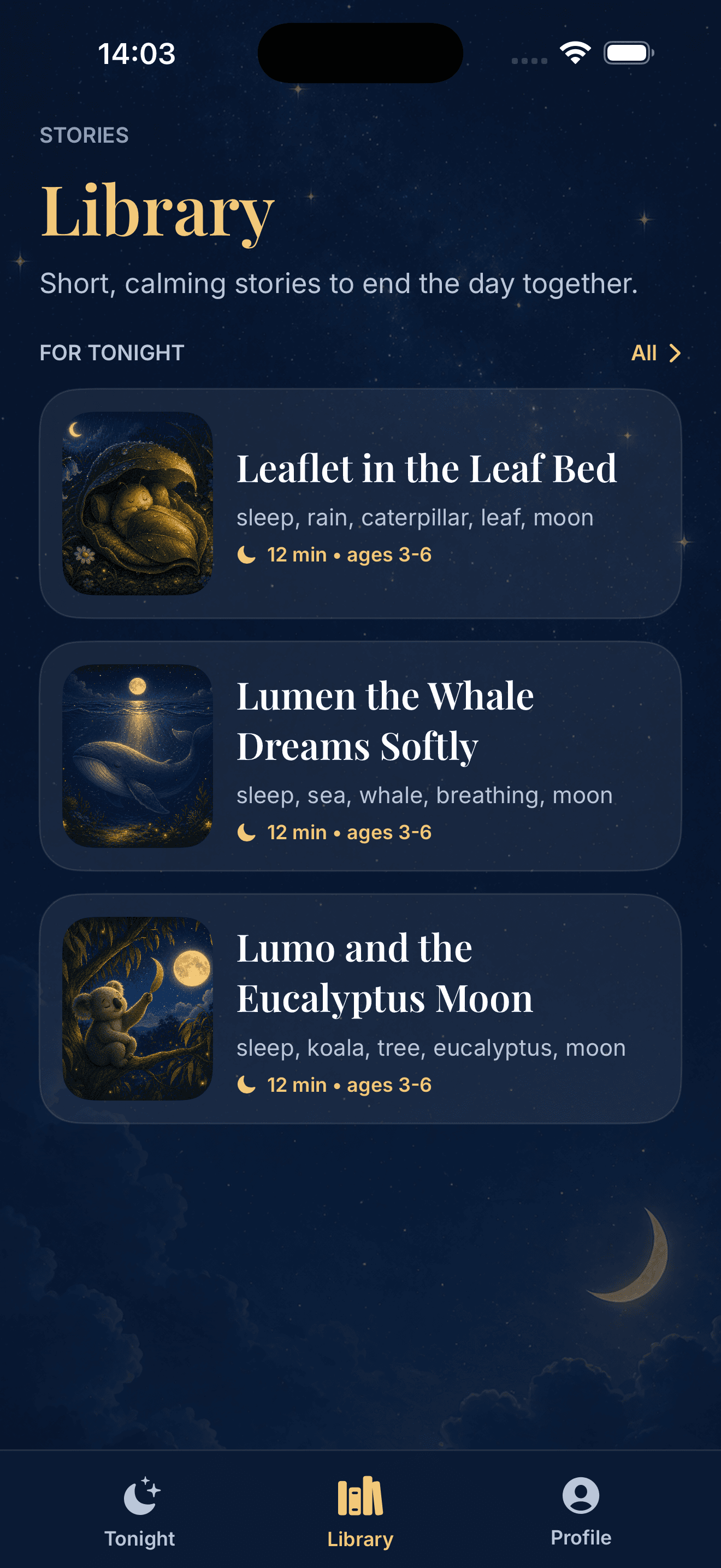 Lullary Library screen showing bedtime story rows.