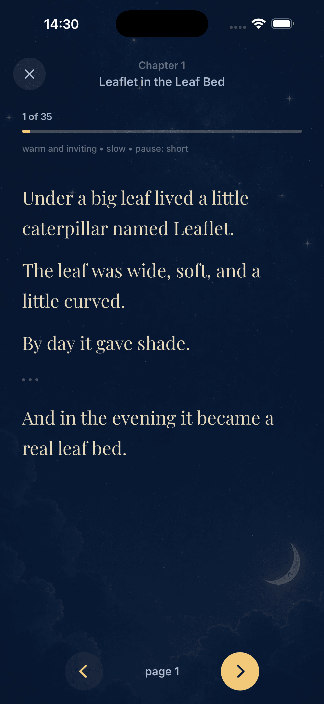 Lullary Reader screen showing a story page with reading cues.