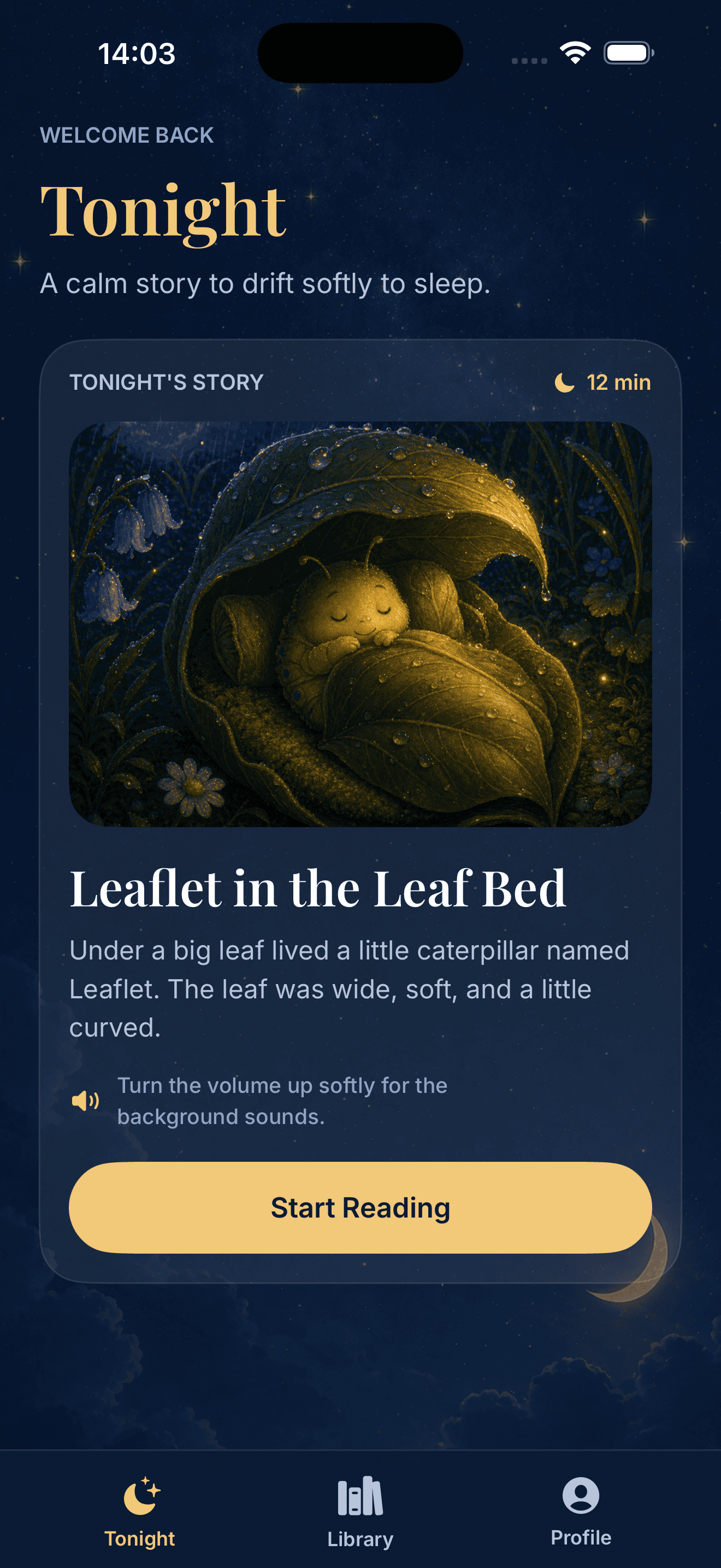 Lullary Tonight screen showing a selected bedtime story.